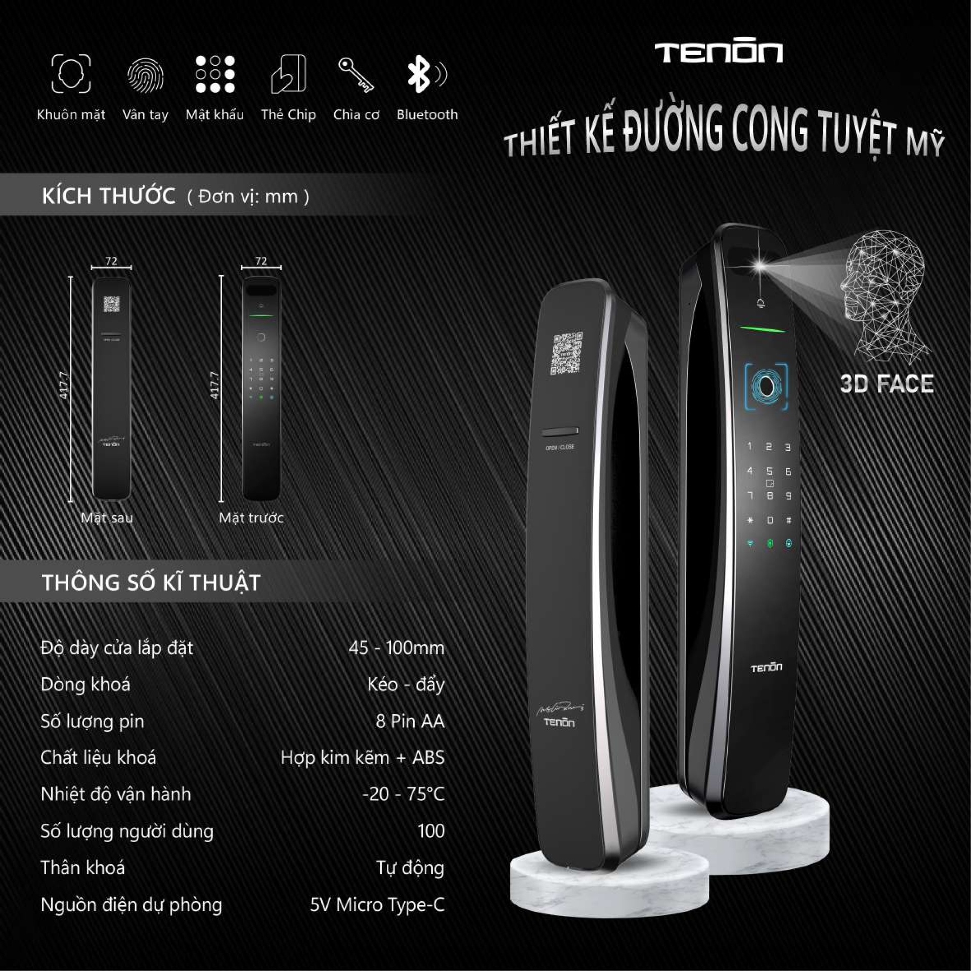 Khóa cửa nhận diện khuôn mặt, vân tay Luxury Tenon A9x_1